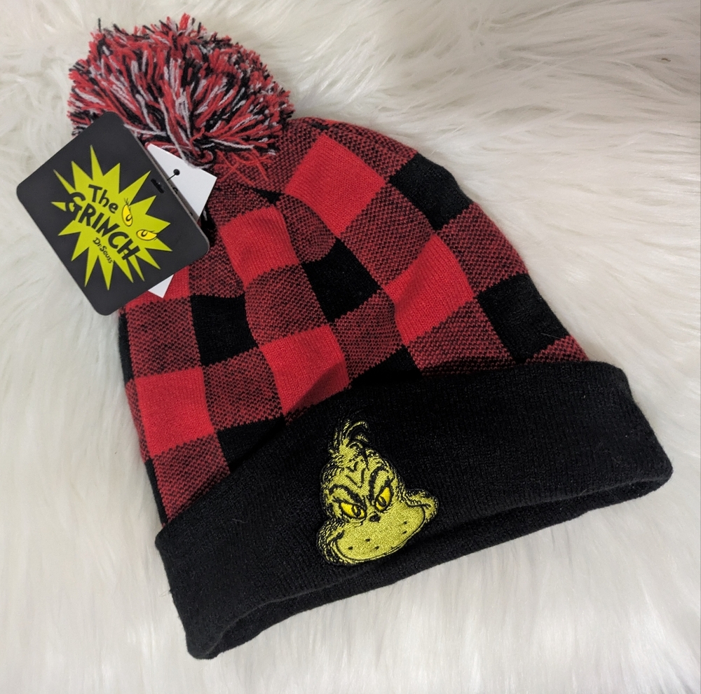 The Grinch Hat Beanie Toque Buffalo Plaid Red & Black with Pom-pom NWT! OSFM